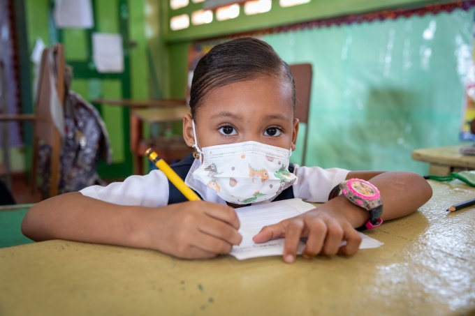 A second-grade student at Arapaima Primary School, Lethem, Region 9, Guyana. February 2023. Credit: GPE / Kelley Lynch
